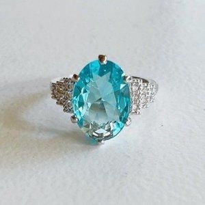 Aquamarine blue zircon oval ring diamond silver fancy cocktail